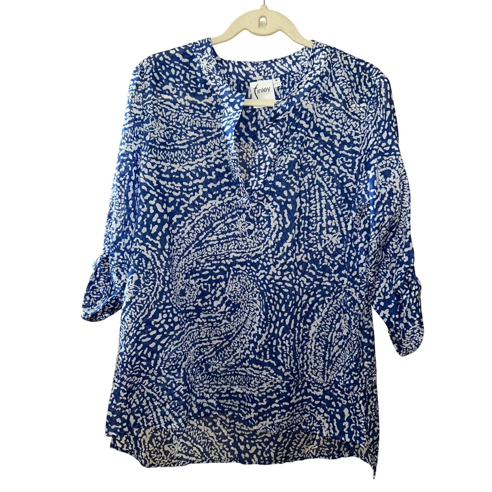 Finley Womens Blue White Paisley Cotton Tunic Roll Tab Sleeve Blouse Size M USA